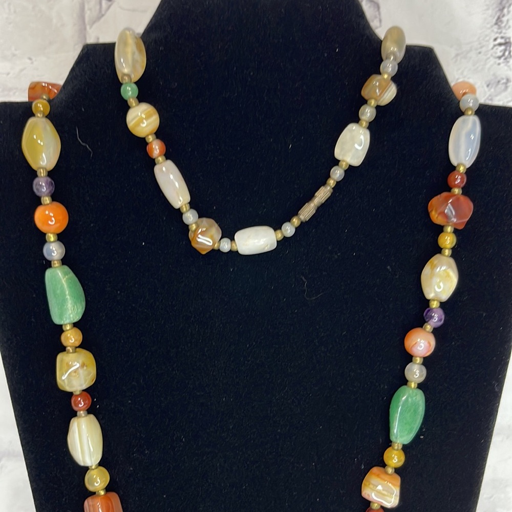 Vintage Multi-Colored Polished Agate Stone Beaded Necklace with Bronze Beads 17" - Picture 5 of 9